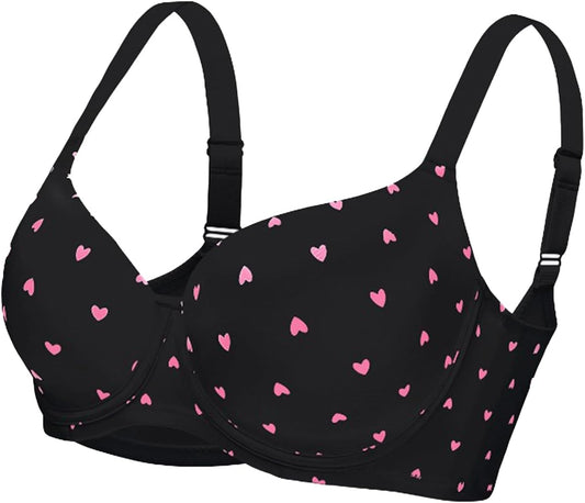 Women's Heart-Print Bra Seamless Full-Cup Soft Underwire Support Lift Bra B-G Cups T-Shirt Bra