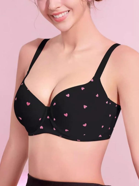 Women's Heart-Print Bra Seamless Full-Cup Soft Underwire Support Lift Bra B-G Cups T-Shirt Bra