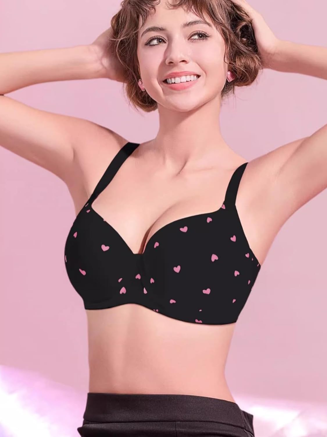 Women's Heart-Print Bra Seamless Full-Cup Soft Underwire Support Lift Bra B-G Cups T-Shirt Bra